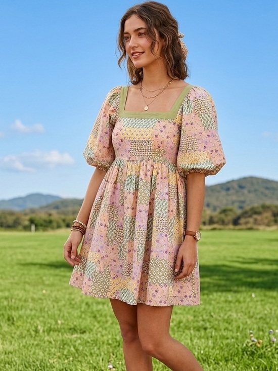 in loom Dresses & Skirts - In Loom Patchwork Puff Sleeve Mini Dress Size Medium NWT